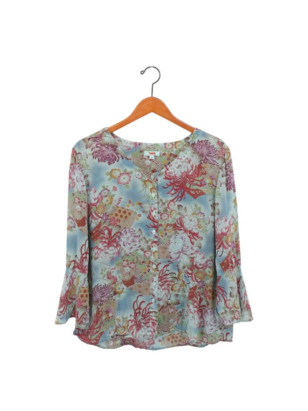Tianello Floral Blue Rayon 3/4 Ruffle Sleeve Button Front Lisa Blouse Top S